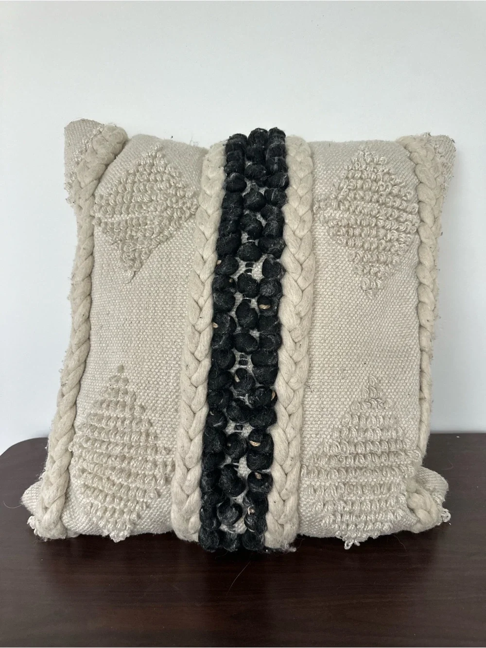 Anthropologie Textured Ivory Throw Pillow with Black Accent Stripe